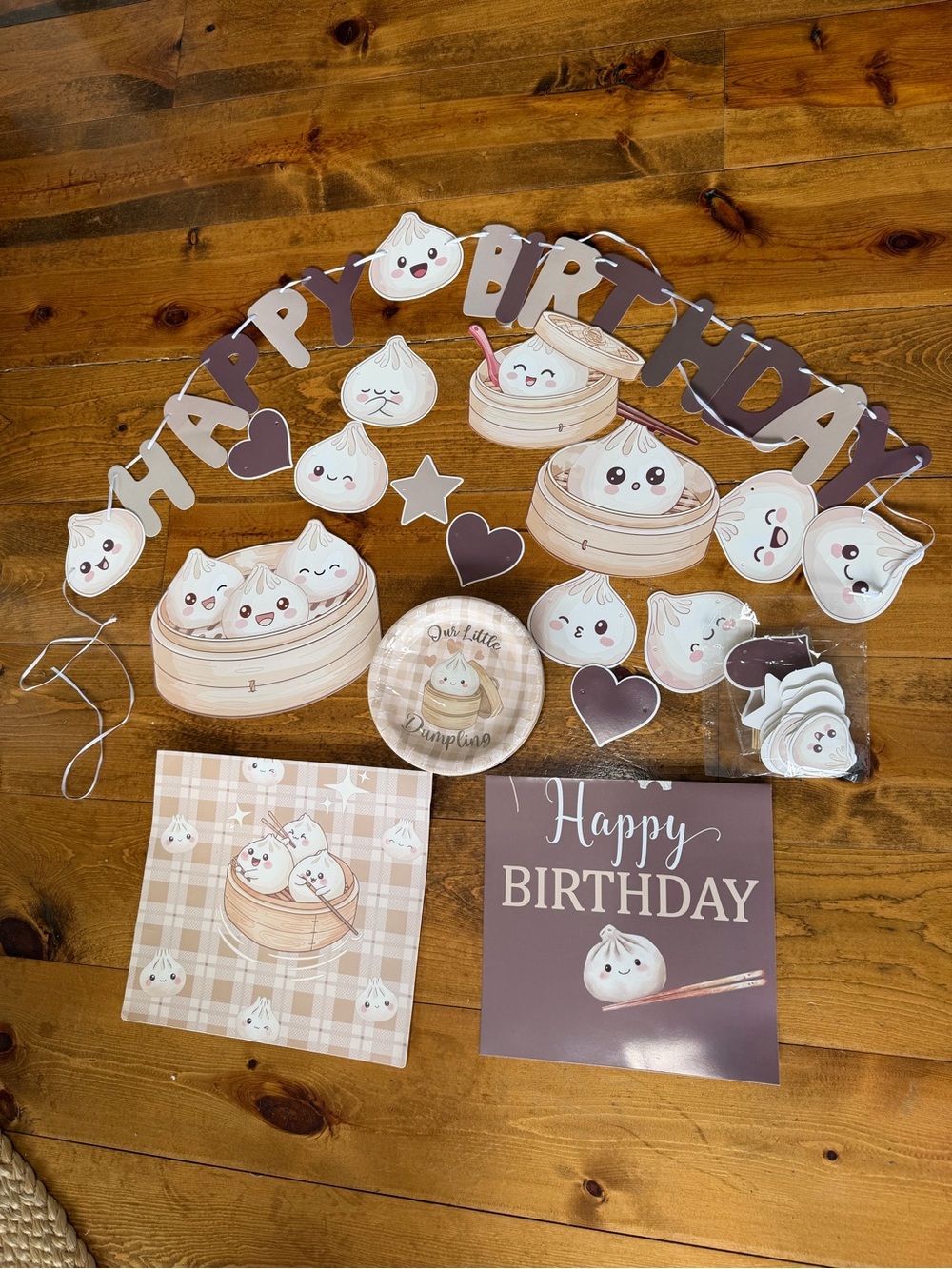 Cute Dumpling Squishy Birthday Party Banner and Decor - Brown and Tan
